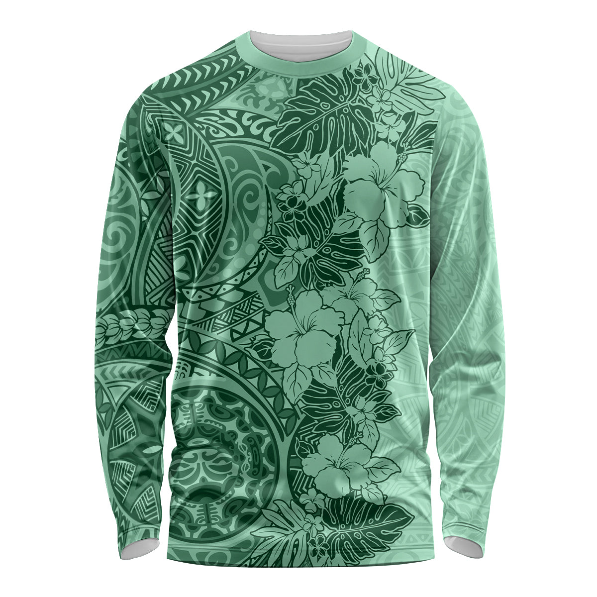 Polynesia Long Sleeve Shirt Hibiscus and Hawaiian Tribal Tattoo Retro Style Green Color - Wonder Print Shop