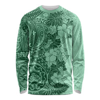 Polynesia Long Sleeve Shirt Hibiscus and Hawaiian Tribal Tattoo Retro Style Green Color - Wonder Print Shop