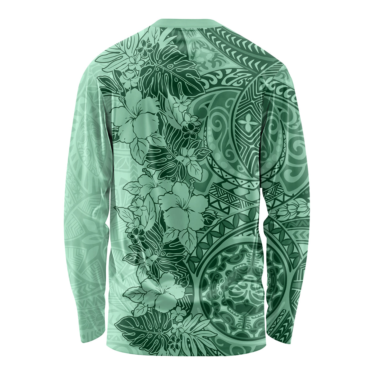 Polynesia Long Sleeve Shirt Hibiscus and Hawaiian Tribal Tattoo Retro Style Green Color - Wonder Print Shop