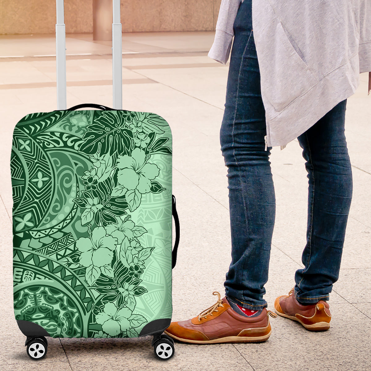 Polynesia Luggage Cover Hibiscus and Hawaiian Tribal Tattoo Retro Style Green Color - Wonder Print Shop