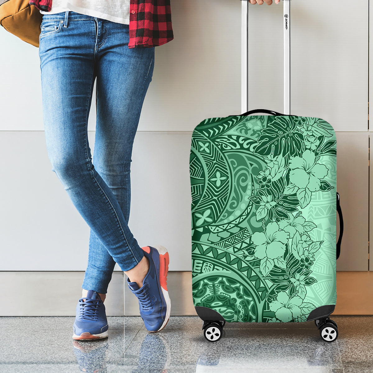 Polynesia Luggage Cover Hibiscus and Hawaiian Tribal Tattoo Retro Style Green Color - Wonder Print Shop