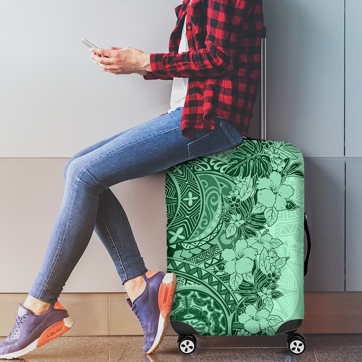 Polynesia Luggage Cover Hibiscus and Hawaiian Tribal Tattoo Retro Style Green Color - Wonder Print Shop