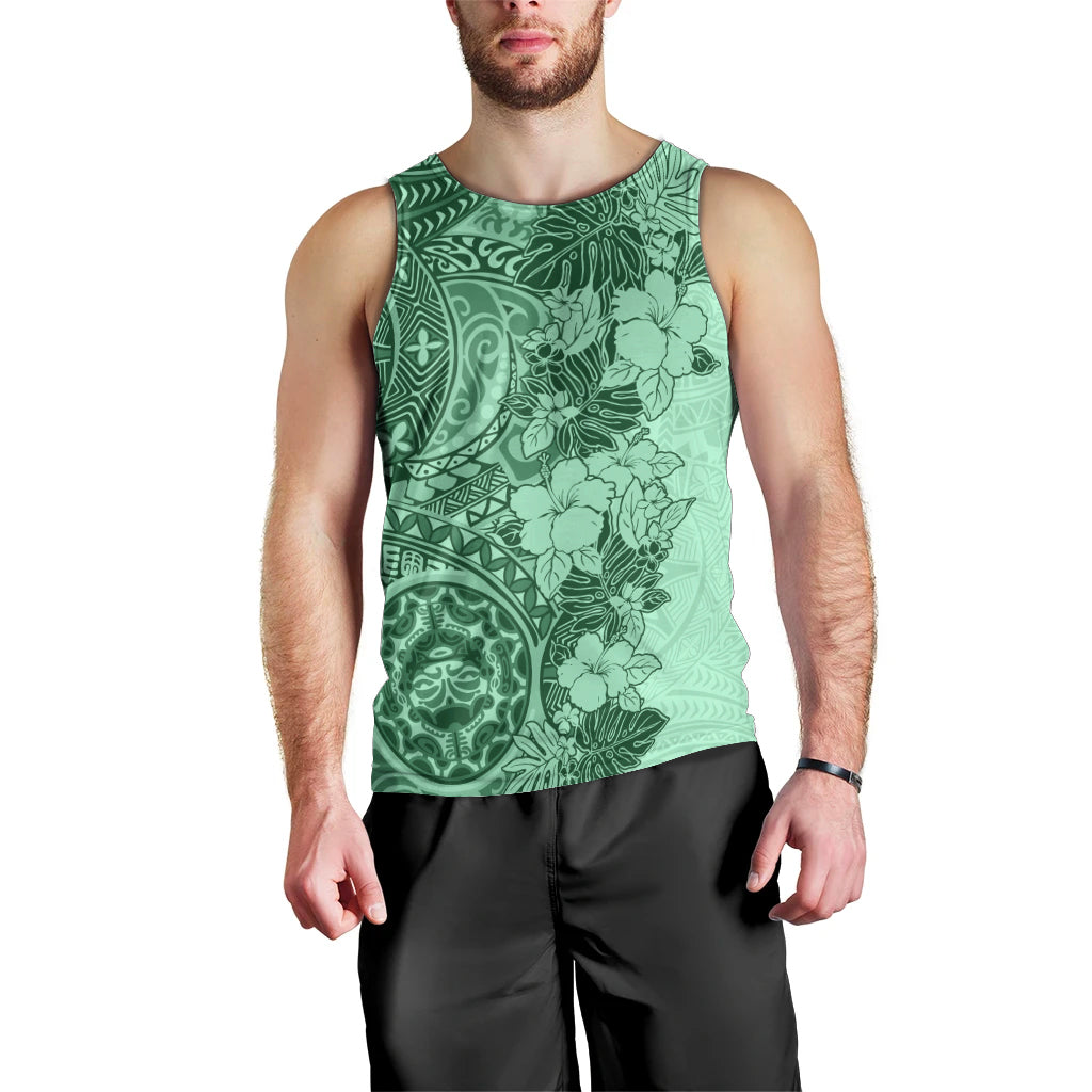 Polynesia Men Tank Top Hibiscus and Hawaiian Tribal Tattoo Retro Style Green Color - Wonder Print Shop