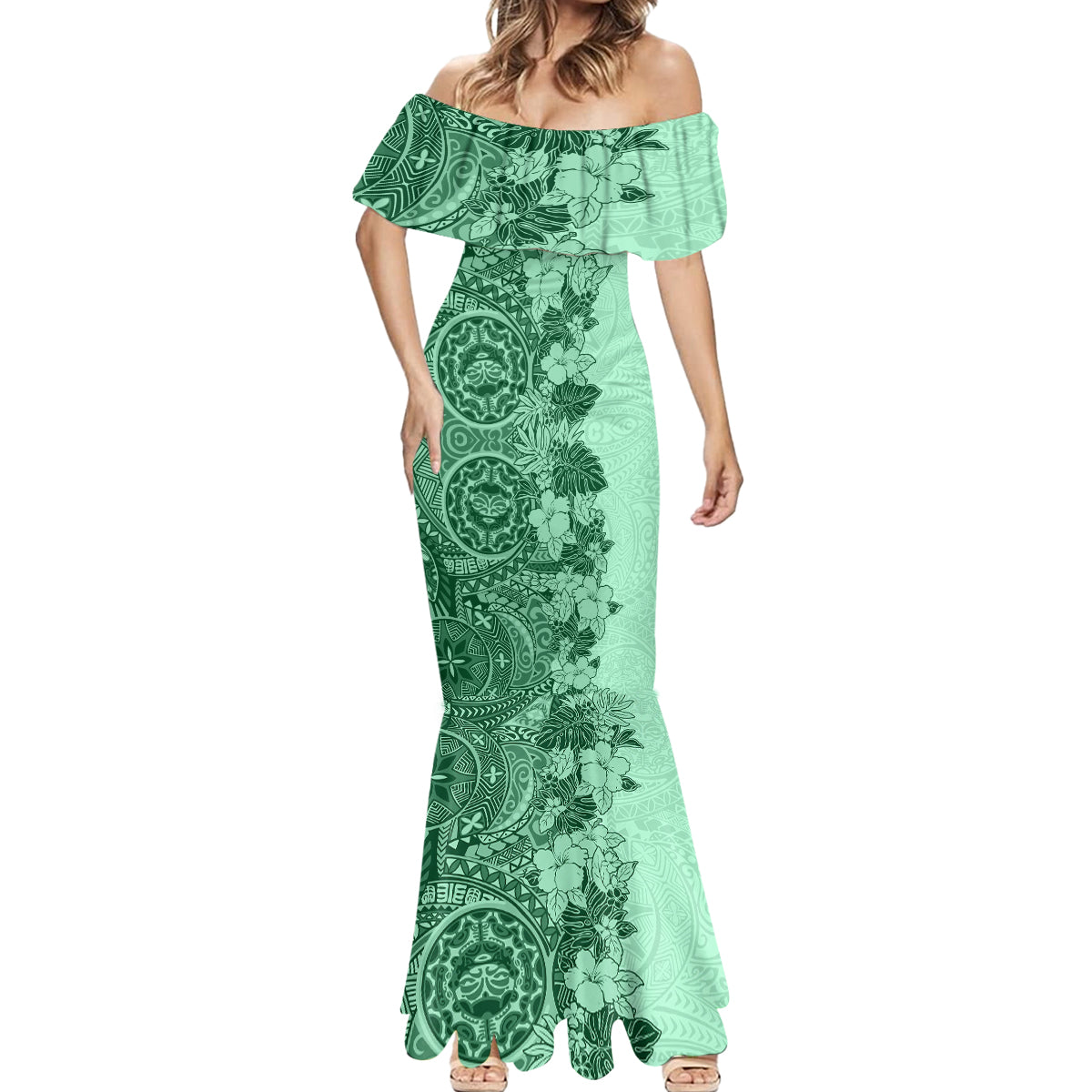 Polynesia Mermaid Dress Hibiscus and Hawaiian Tribal Tattoo Retro Style Green Color - Wonder Print Shop