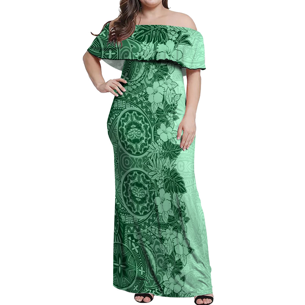 Polynesia Off Shoulder Maxi Dress Hibiscus and Hawaiian Tribal Tattoo Retro Style Green Color - Wonder Print Shop