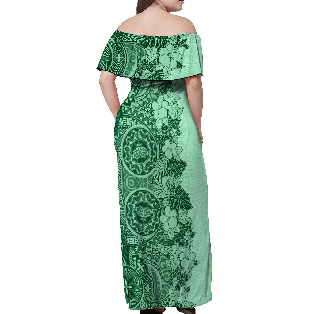 Polynesia Off Shoulder Maxi Dress Hibiscus and Hawaiian Tribal Tattoo Retro Style Green Color - Wonder Print Shop