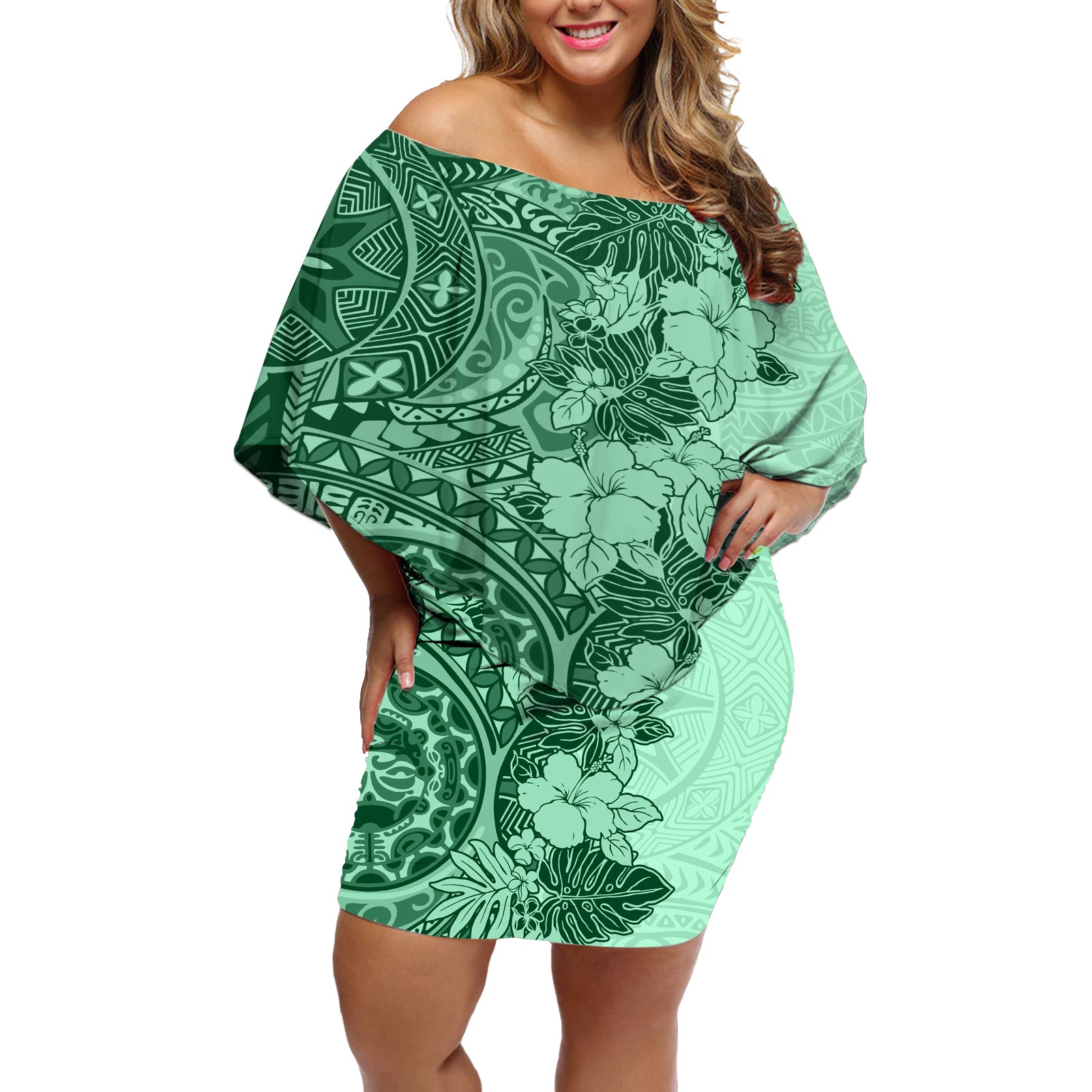 Polynesia Off Shoulder Short Dress Hibiscus and Hawaiian Tribal Tattoo Retro Style Green Color - Wonder Print Shop