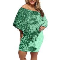 Polynesia Off Shoulder Short Dress Hibiscus and Hawaiian Tribal Tattoo Retro Style Green Color - Wonder Print Shop