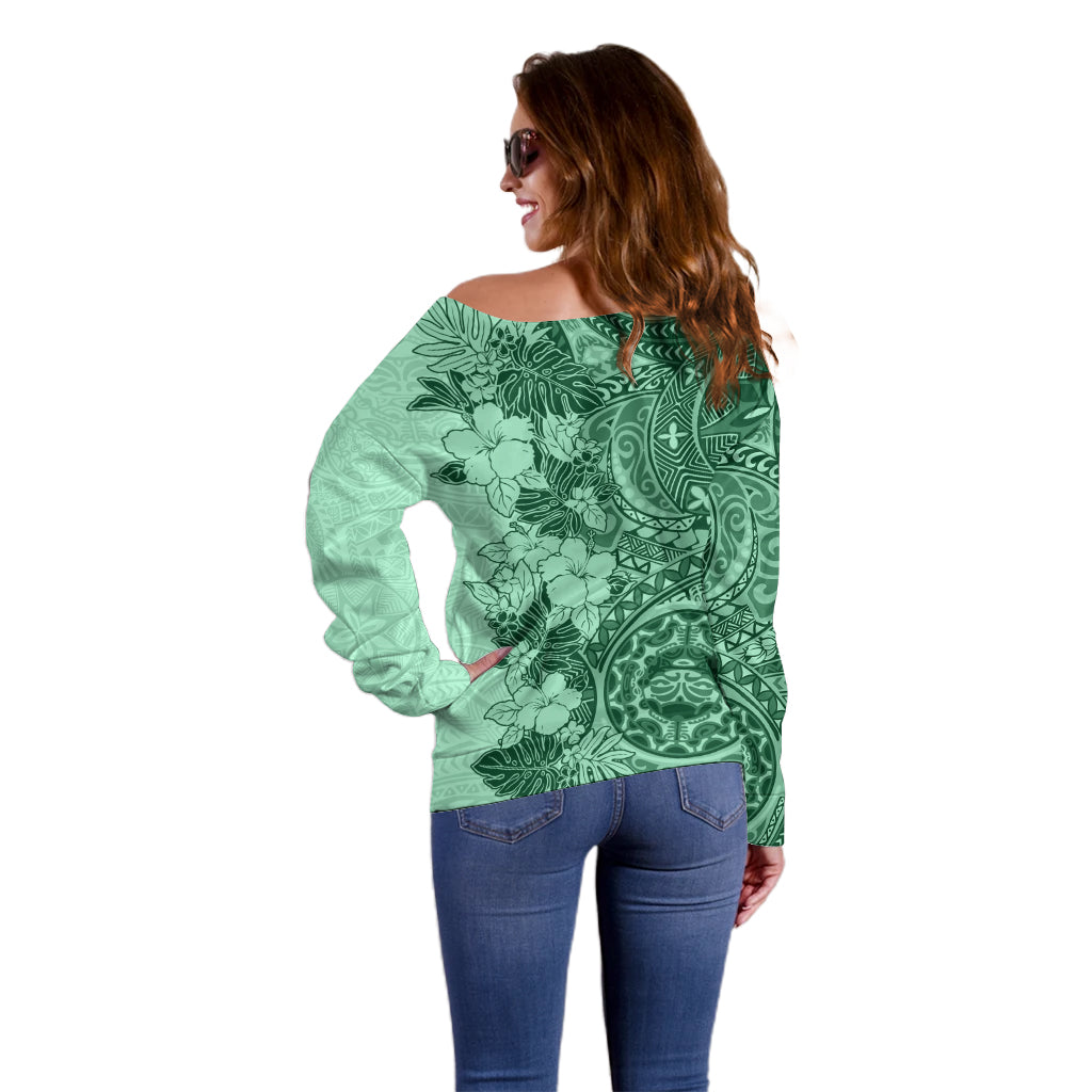Polynesia Off Shoulder Sweater Hibiscus and Hawaiian Tribal Tattoo Retro Style Green Color - Wonder Print Shop
