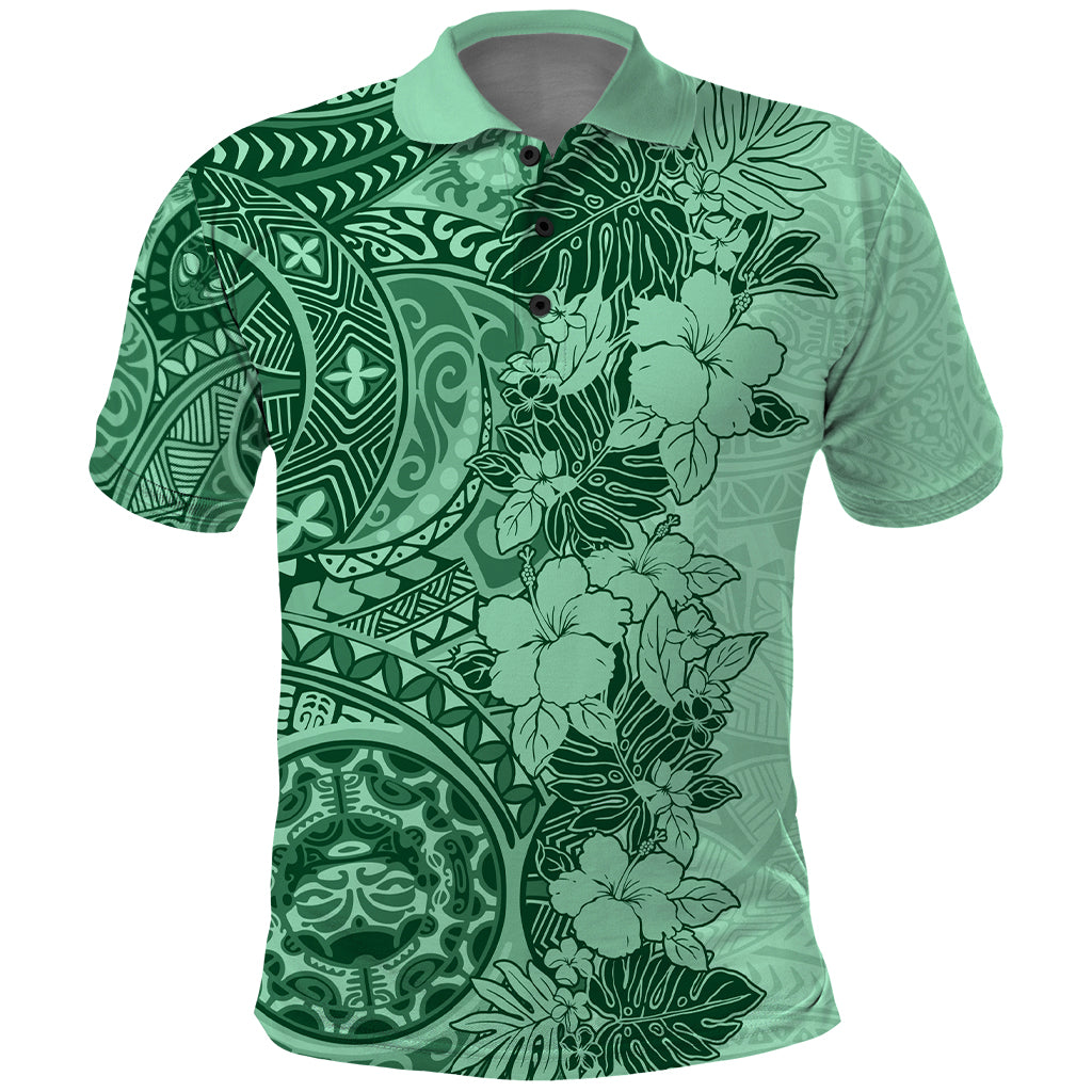 Polynesia Polo Shirt Hibiscus and Hawaiian Tribal Tattoo Retro Style Green Color - Wonder Print Shop
