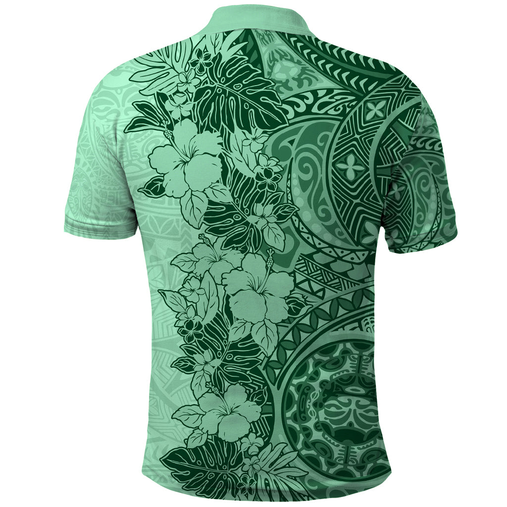 Polynesia Polo Shirt Hibiscus and Hawaiian Tribal Tattoo Retro Style Green Color - Wonder Print Shop