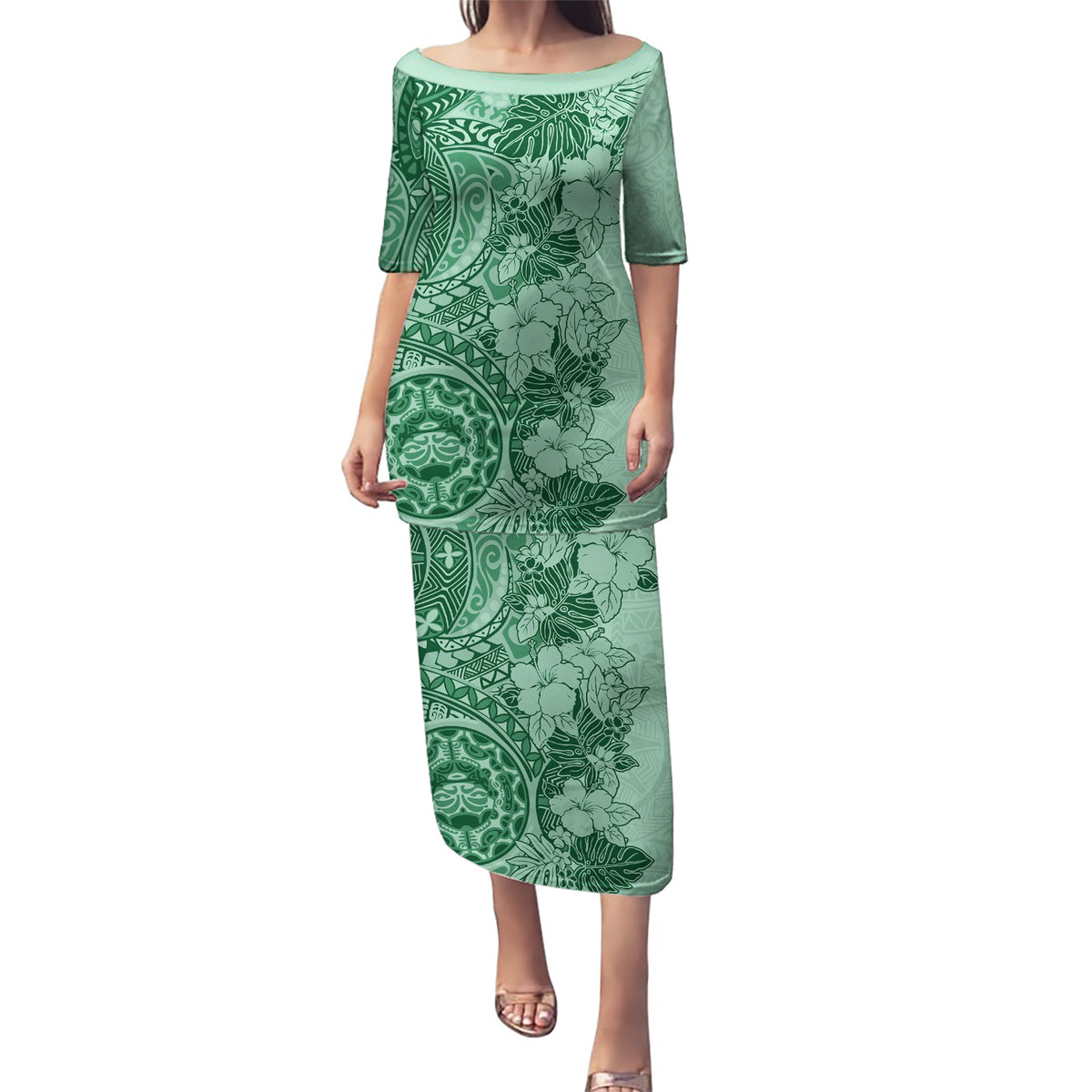 Polynesia Puletasi Hibiscus and Hawaiian Tribal Tattoo Retro Style Green Color - Wonder Print Shop