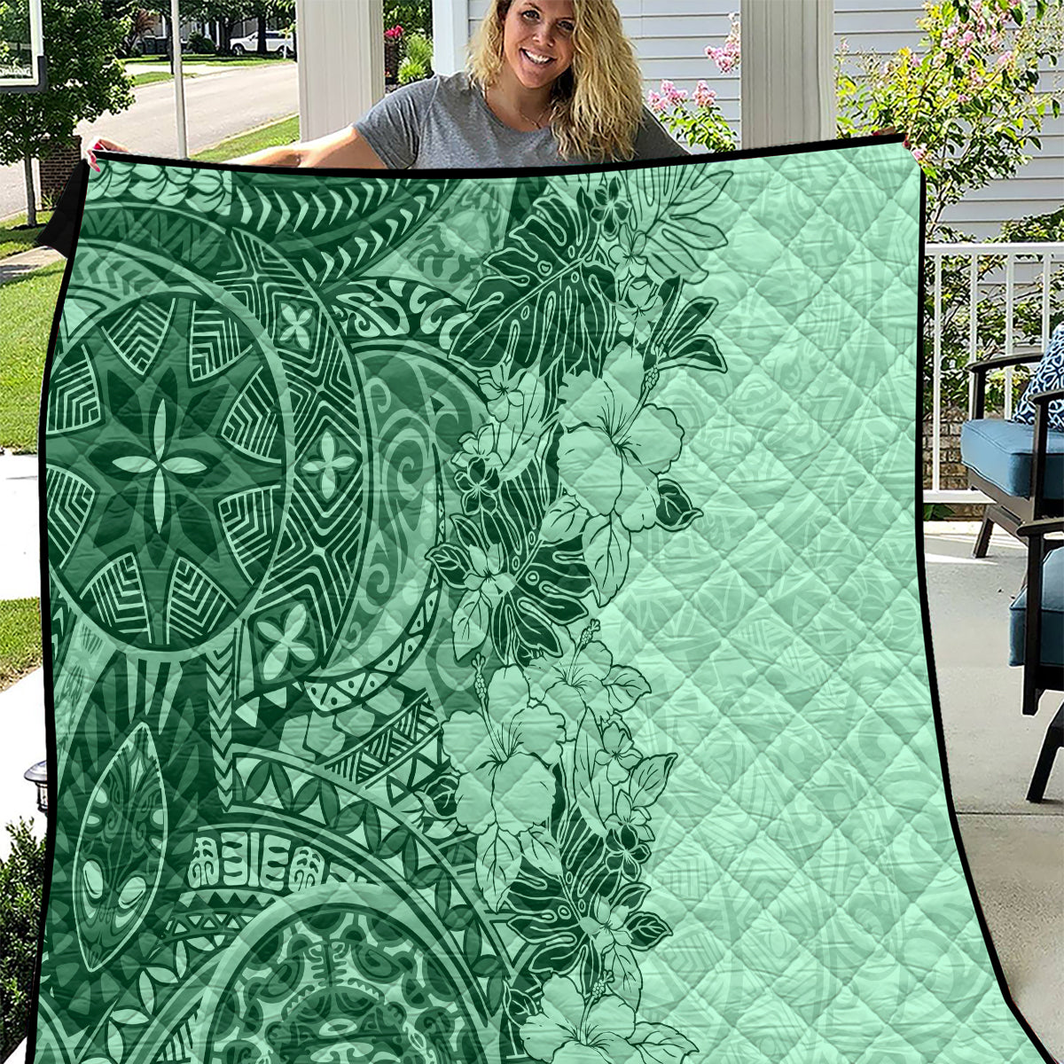 Polynesia Quilt Hibiscus and Hawaiian Tribal Tattoo Retro Style Green Color - Wonder Print Shop