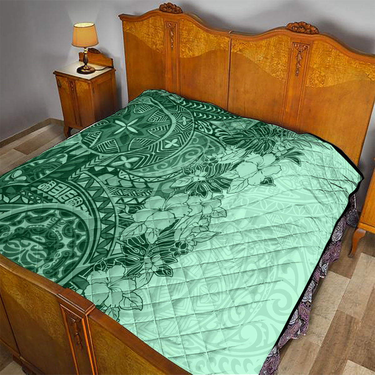 Polynesia Quilt Hibiscus and Hawaiian Tribal Tattoo Retro Style Green Color - Wonder Print Shop