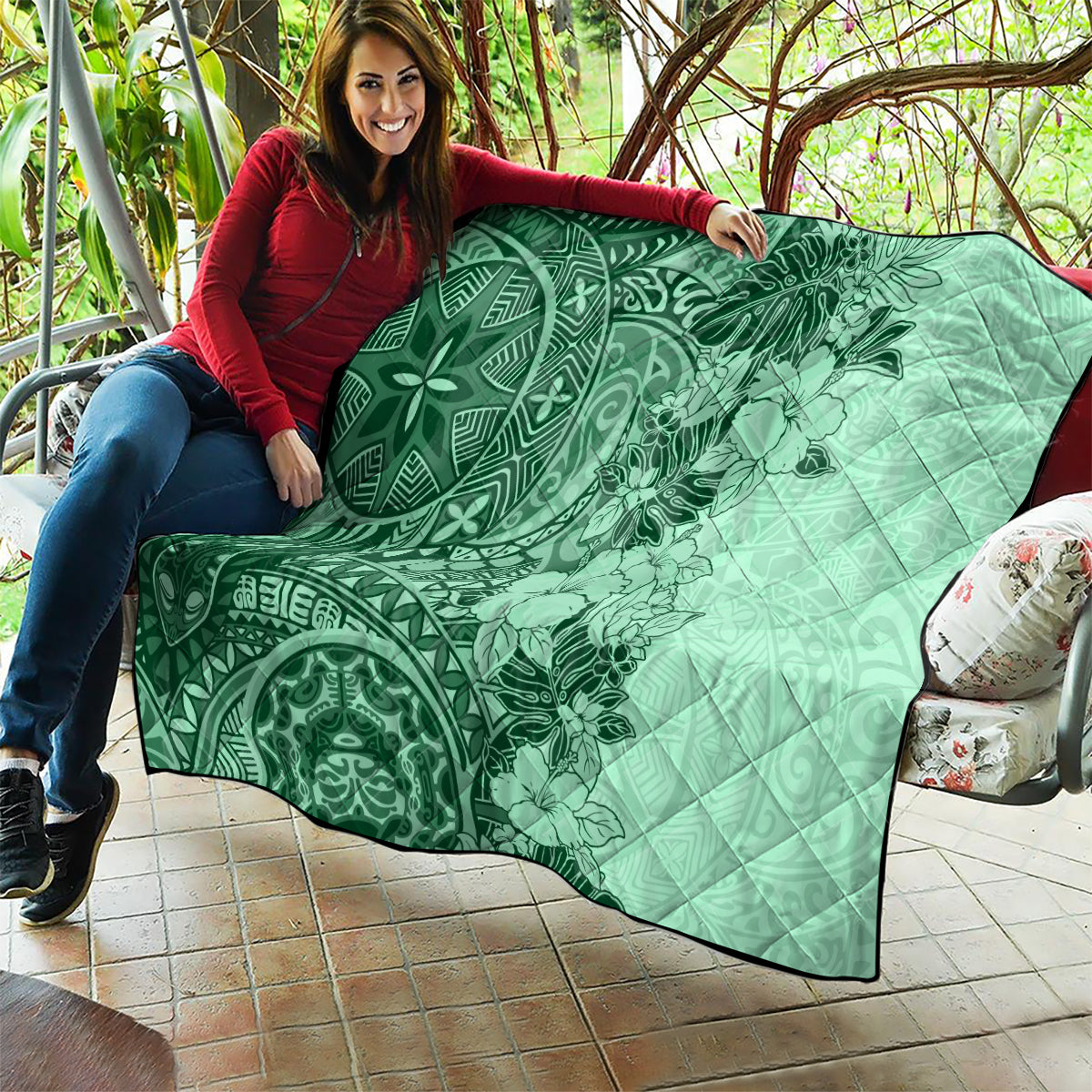 Polynesia Quilt Hibiscus and Hawaiian Tribal Tattoo Retro Style Green Color - Wonder Print Shop