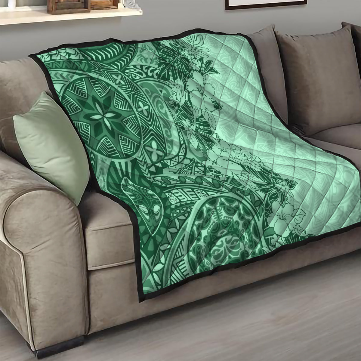 Polynesia Quilt Hibiscus and Hawaiian Tribal Tattoo Retro Style Green Color - Wonder Print Shop