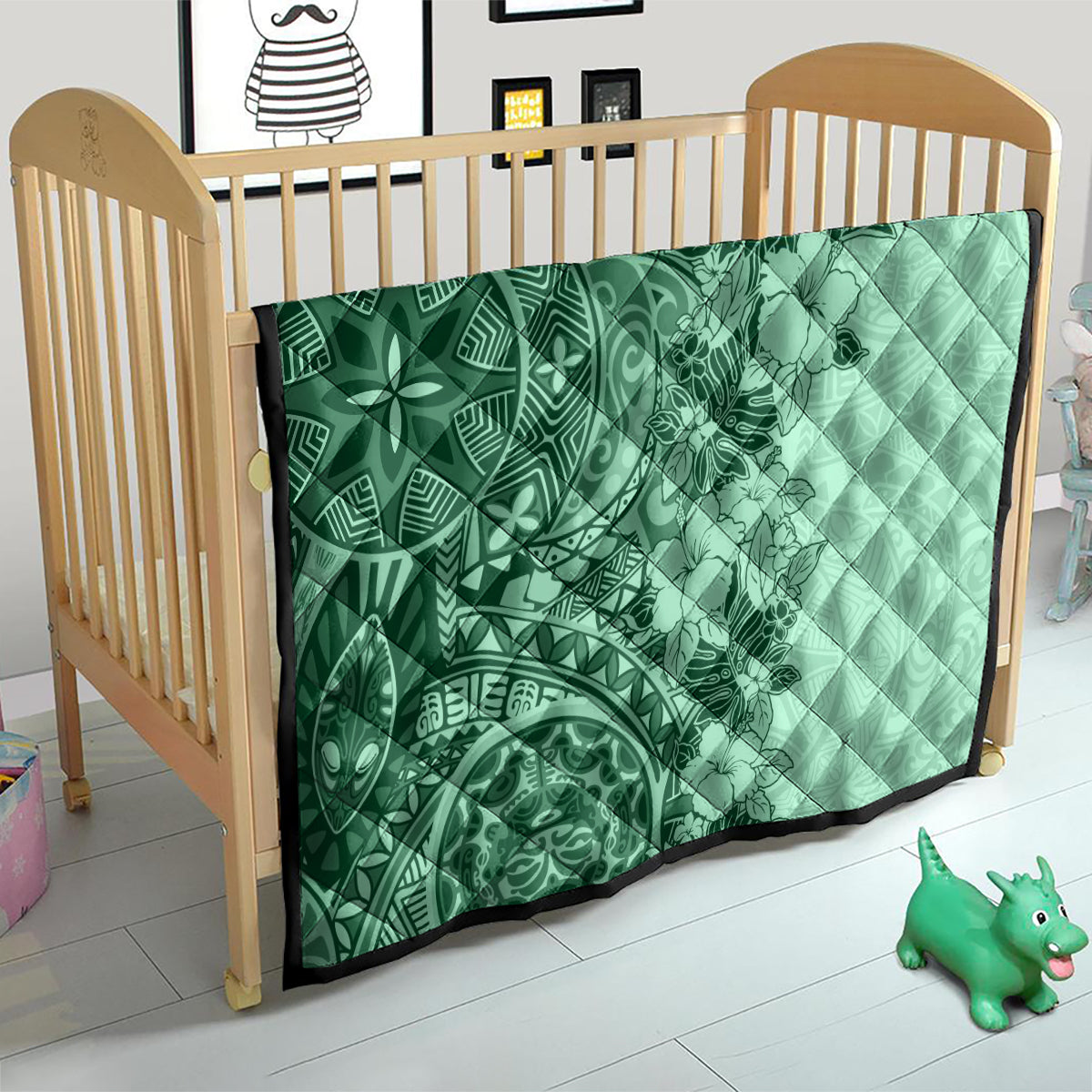Polynesia Quilt Hibiscus and Hawaiian Tribal Tattoo Retro Style Green Color - Wonder Print Shop