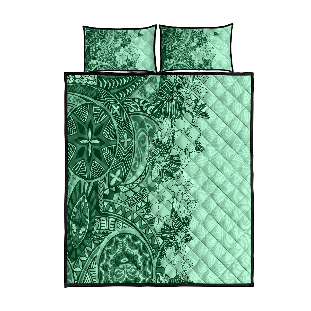 Polynesia Quilt Bed Set Hibiscus and Hawaiian Tribal Tattoo Retro Style Green Color - Wonder Print Shop