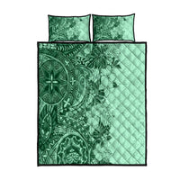 Polynesia Quilt Bed Set Hibiscus and Hawaiian Tribal Tattoo Retro Style Green Color - Wonder Print Shop