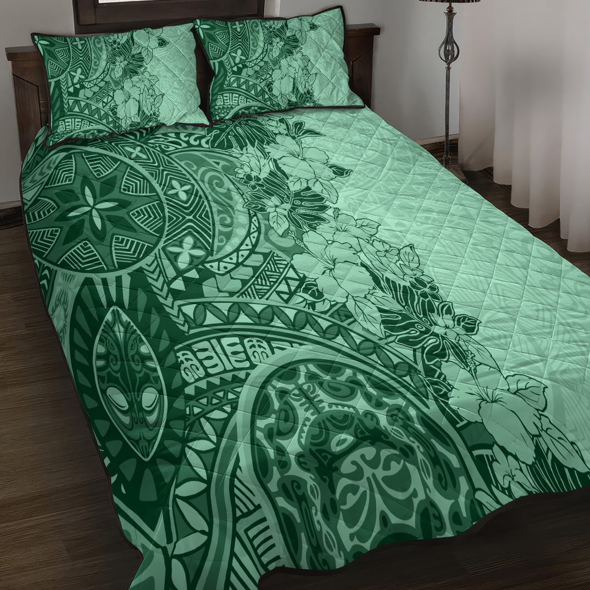 Polynesia Quilt Bed Set Hibiscus and Hawaiian Tribal Tattoo Retro Style Green Color - Wonder Print Shop