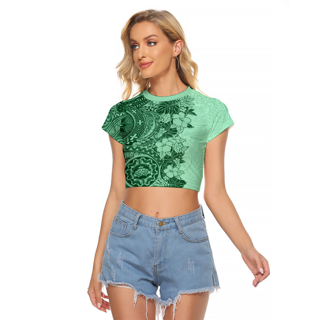 Polynesia Raglan Cropped T Shirt Hibiscus and Hawaiian Tribal Tattoo Retro Style Green Color - Wonder Print Shop