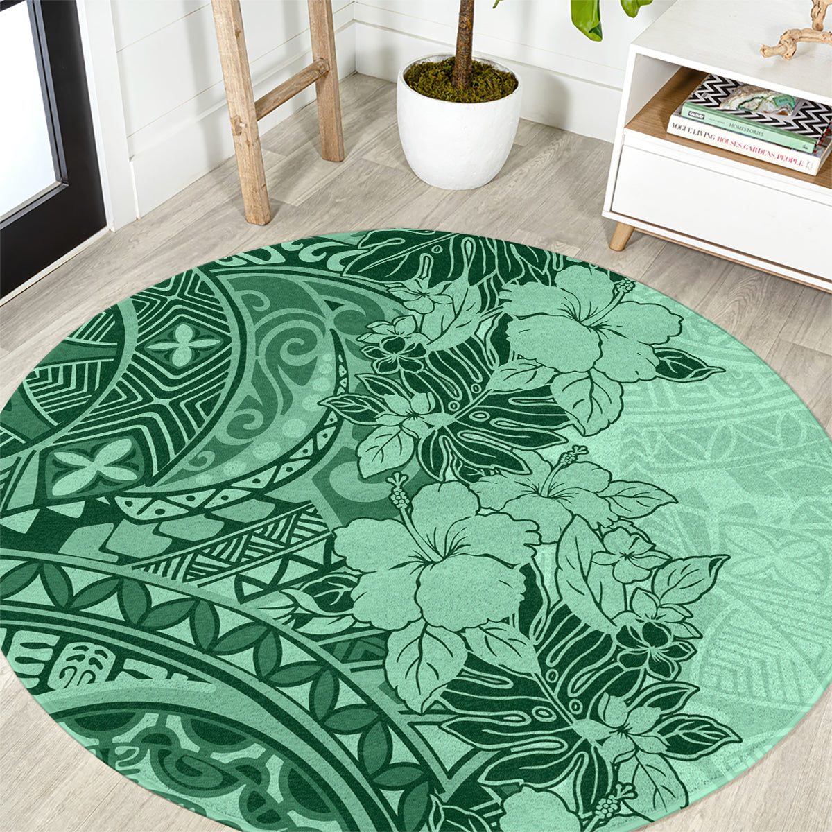polynesia-round-carpet-hibiscus-and-hawaiian-tribal-tattoo-retro-style-green-color