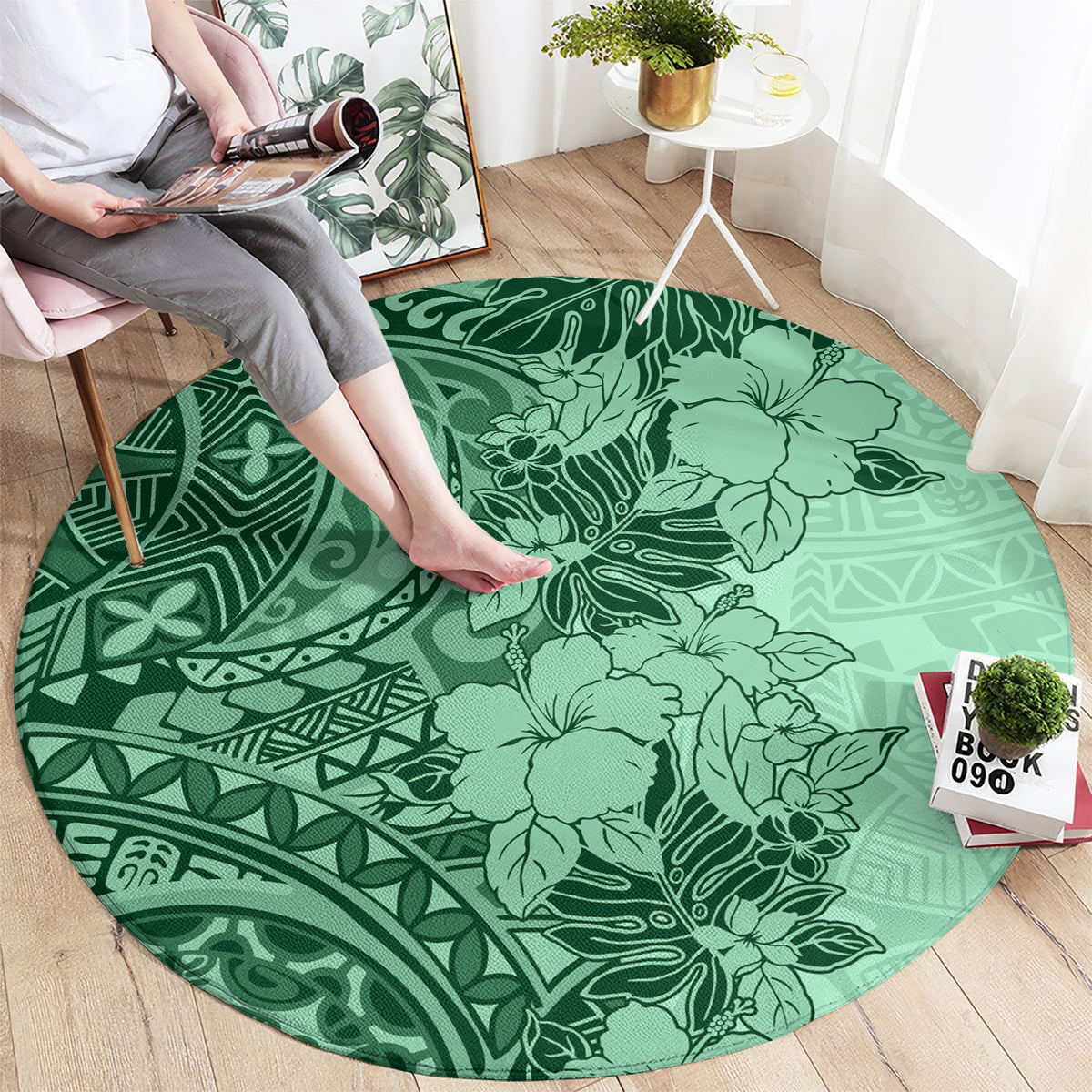 polynesia-round-carpet-hibiscus-and-hawaiian-tribal-tattoo-retro-style-green-color