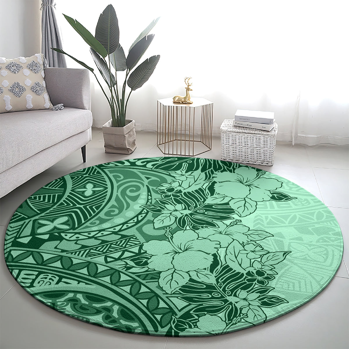 polynesia-round-carpet-hibiscus-and-hawaiian-tribal-tattoo-retro-style-green-color