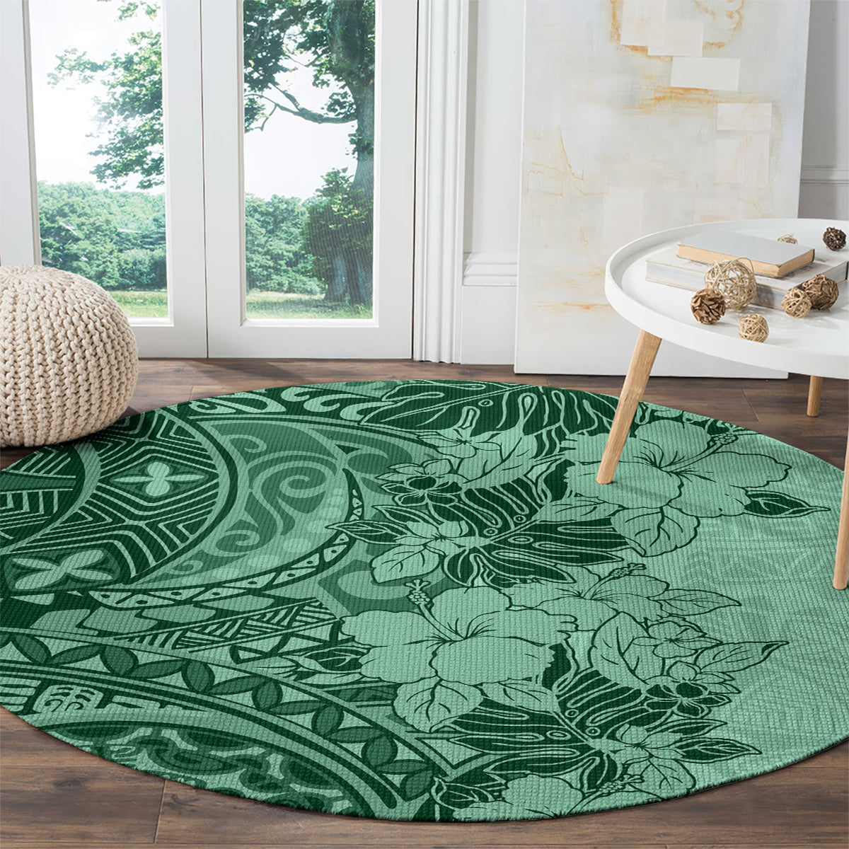 polynesia-round-carpet-hibiscus-and-hawaiian-tribal-tattoo-retro-style-green-color