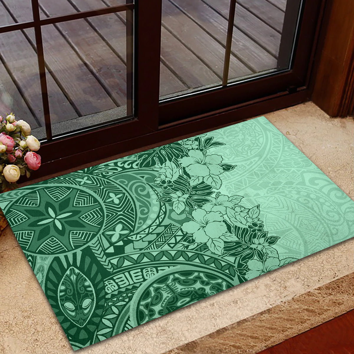 Polynesia Rubber Doormat Hibiscus and Hawaiian Tribal Tattoo Retro Style Green Color - Wonder Print Shop