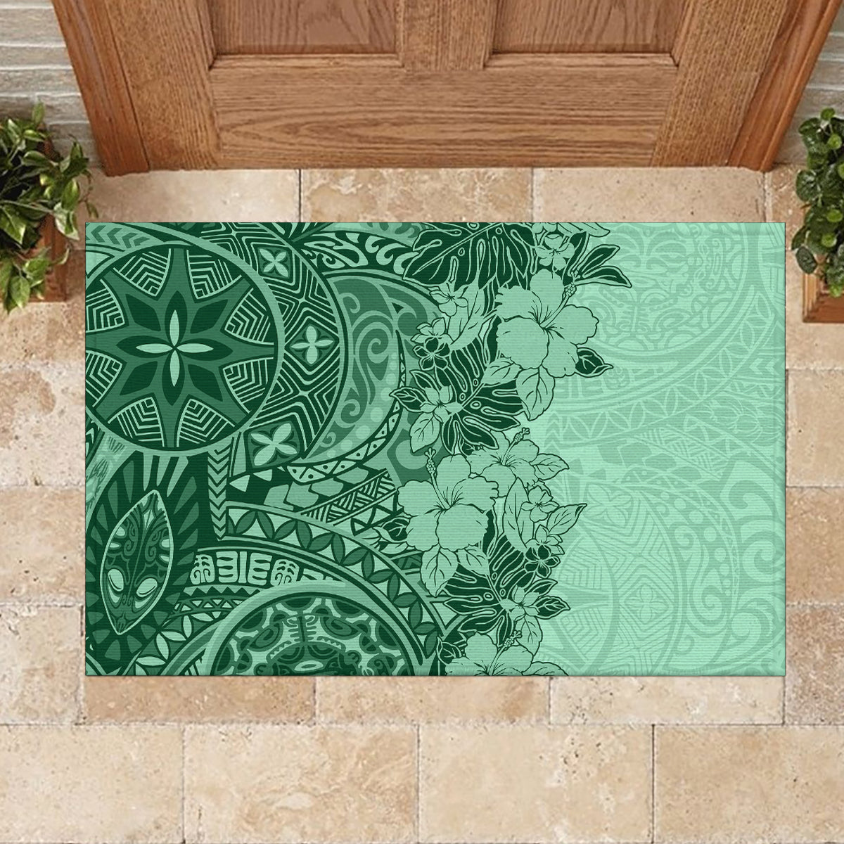 Polynesia Rubber Doormat Hibiscus and Hawaiian Tribal Tattoo Retro Style Green Color - Wonder Print Shop