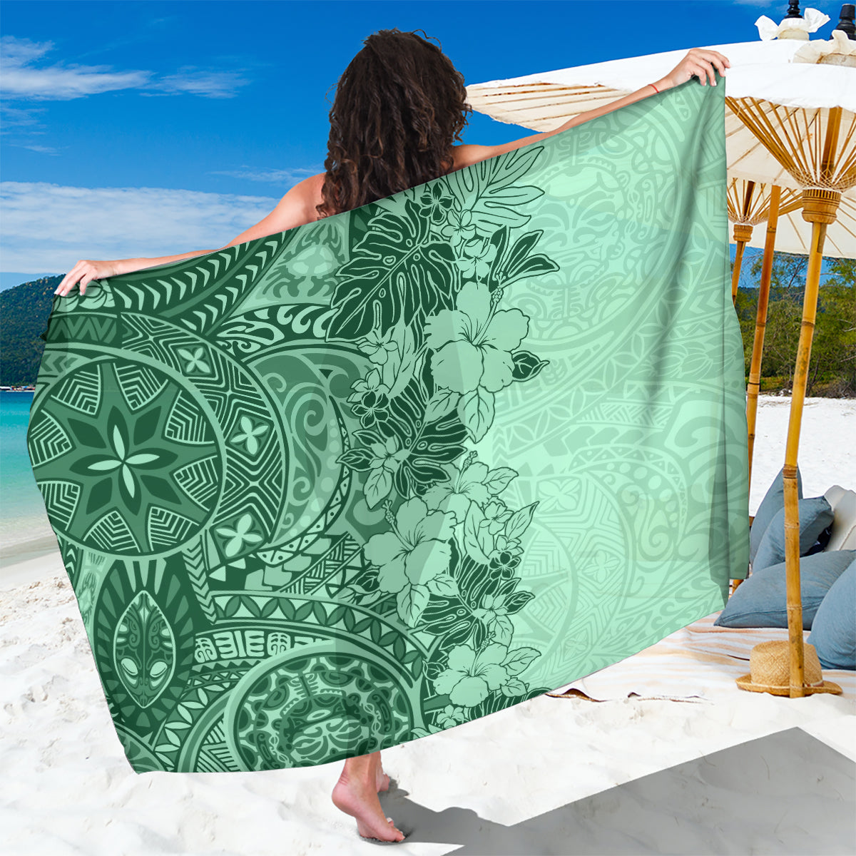 Polynesia Sarong Hibiscus and Hawaiian Tribal Tattoo Retro Style Green Color - Wonder Print Shop