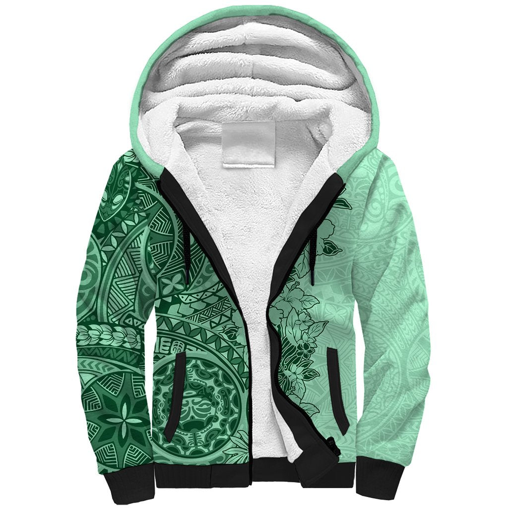 Polynesia Sherpa Hoodie Hibiscus and Hawaiian Tribal Tattoo Retro Style Green Color - Wonder Print Shop