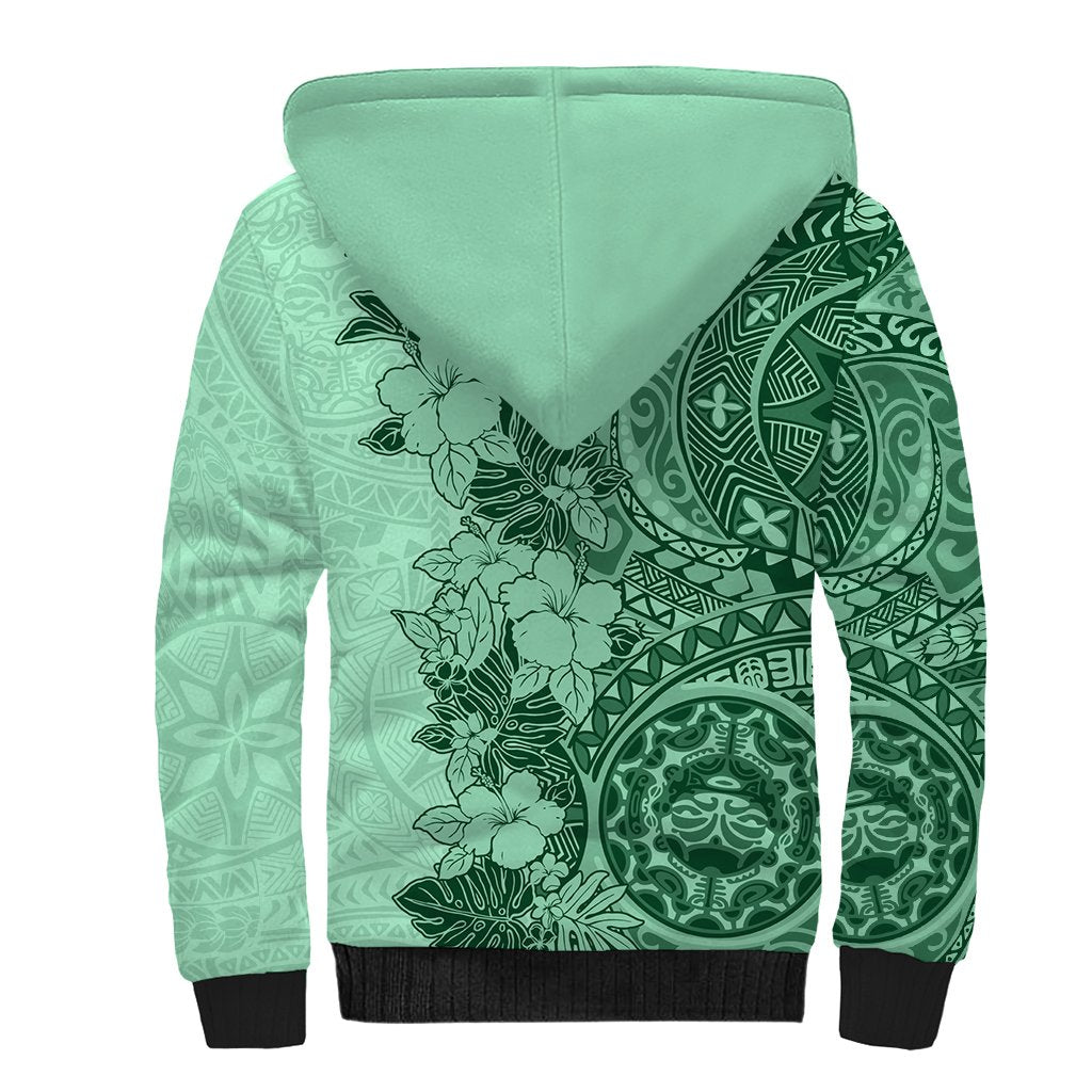 Polynesia Sherpa Hoodie Hibiscus and Hawaiian Tribal Tattoo Retro Style Green Color - Wonder Print Shop
