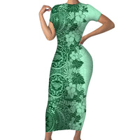 Polynesia Short Sleeve Bodycon Dress Hibiscus and Hawaiian Tribal Tattoo Retro Style Green Color - Wonder Print Shop