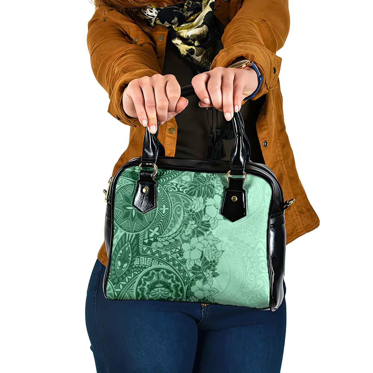 polynesia-shoulder-handbag-hibiscus-and-hawaiian-tribal-tattoo-retro-style-green-color