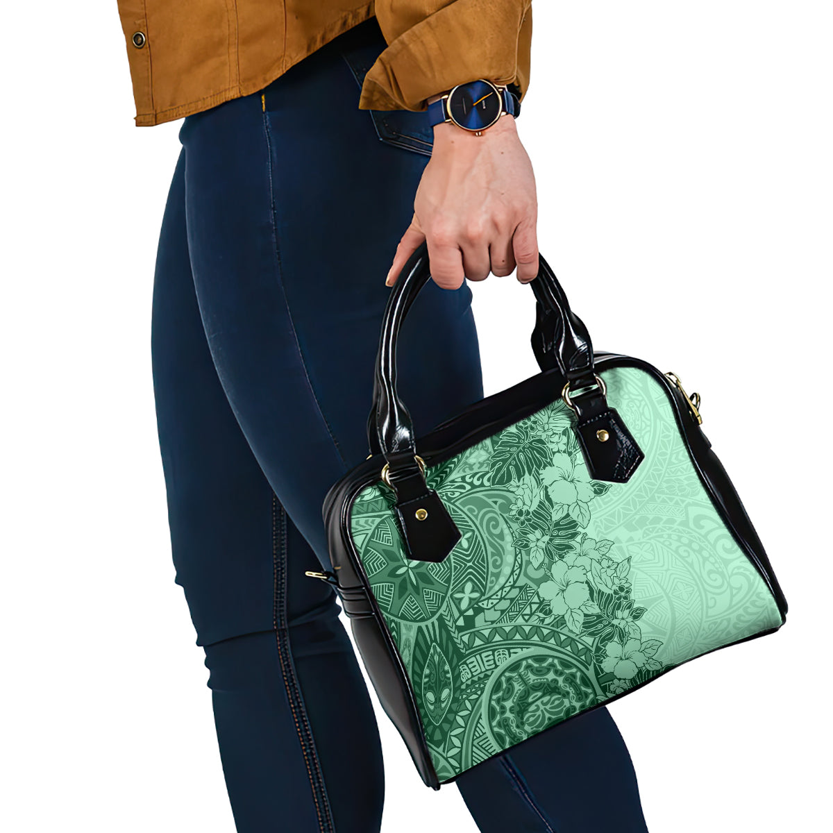 polynesia-shoulder-handbag-hibiscus-and-hawaiian-tribal-tattoo-retro-style-green-color
