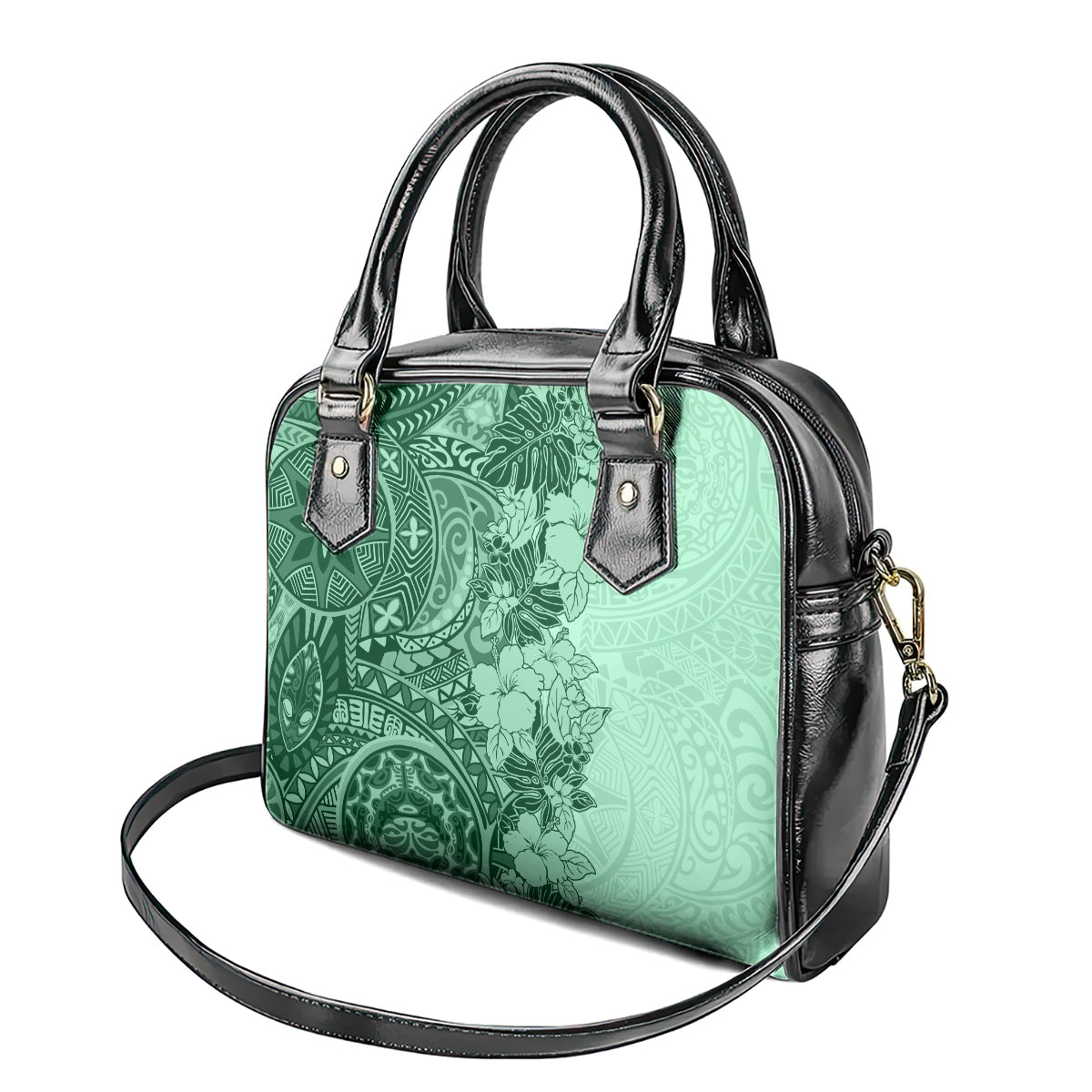 polynesia-shoulder-handbag-hibiscus-and-hawaiian-tribal-tattoo-retro-style-green-color