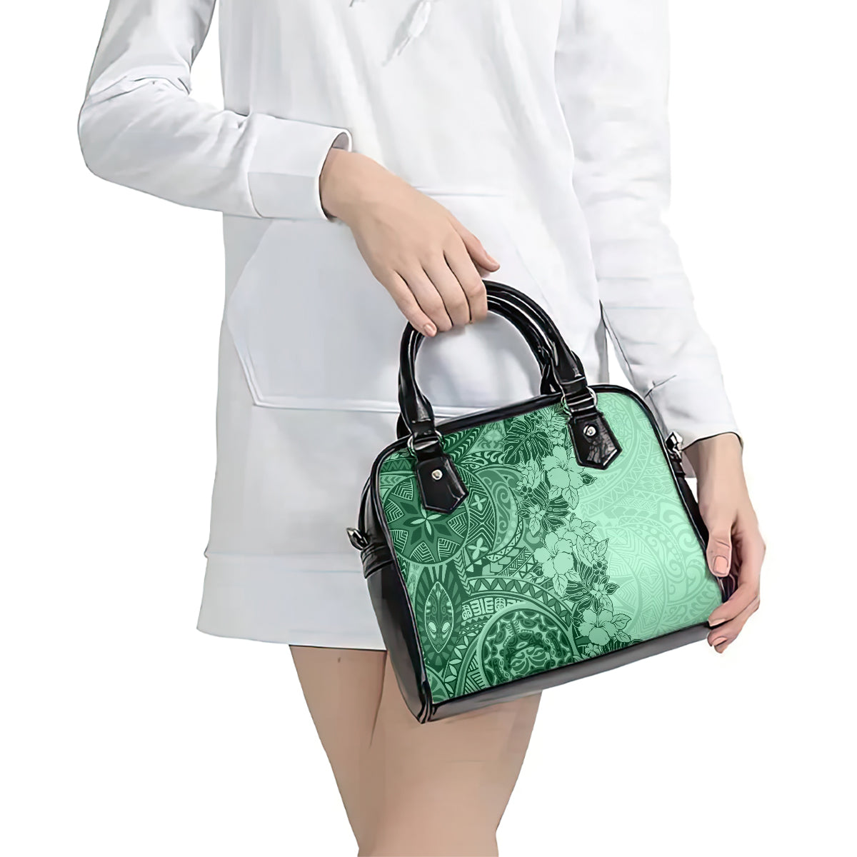 polynesia-shoulder-handbag-hibiscus-and-hawaiian-tribal-tattoo-retro-style-green-color