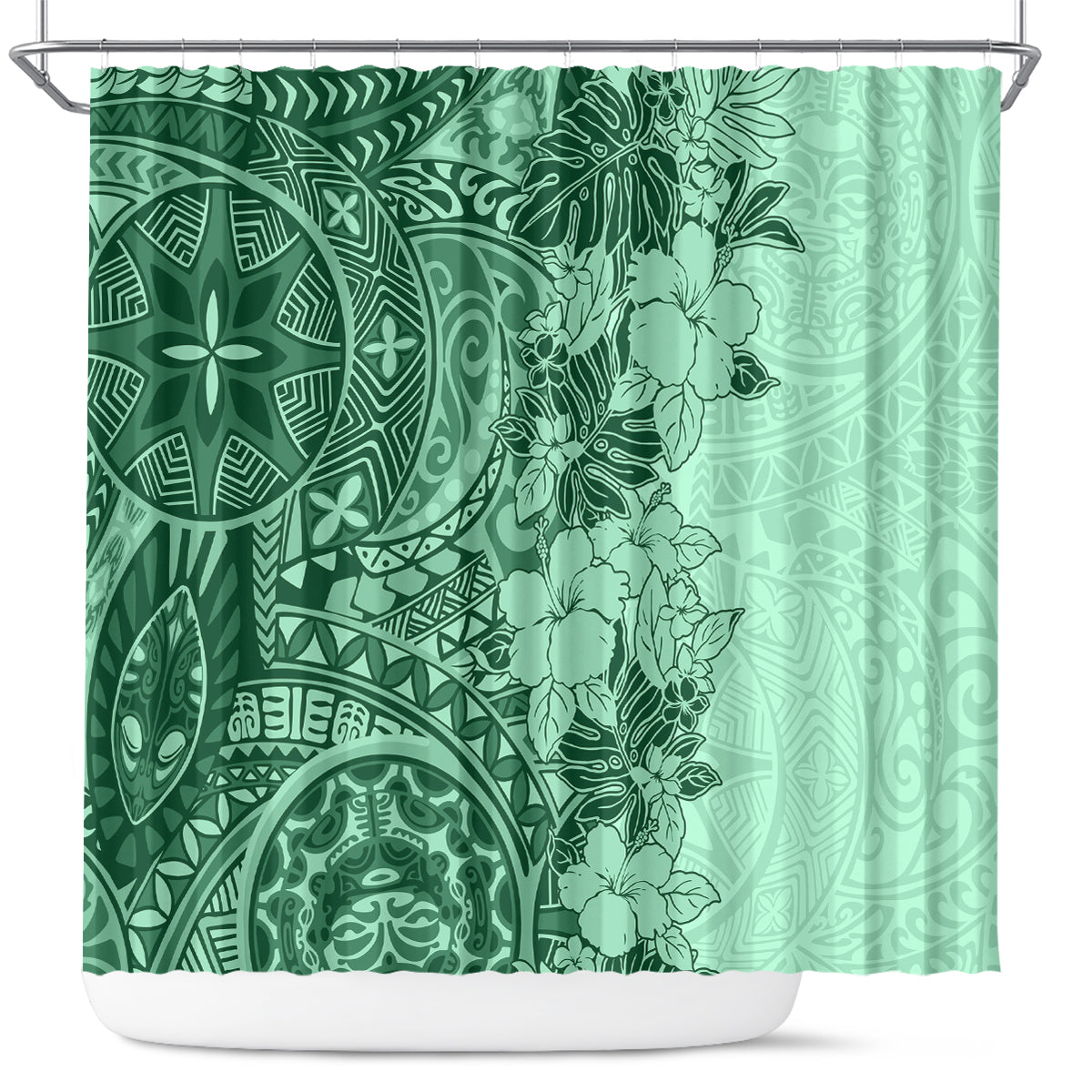 polynesia-shower-curtain-hibiscus-and-hawaiian-tribal-tattoo-retro-style-green-color