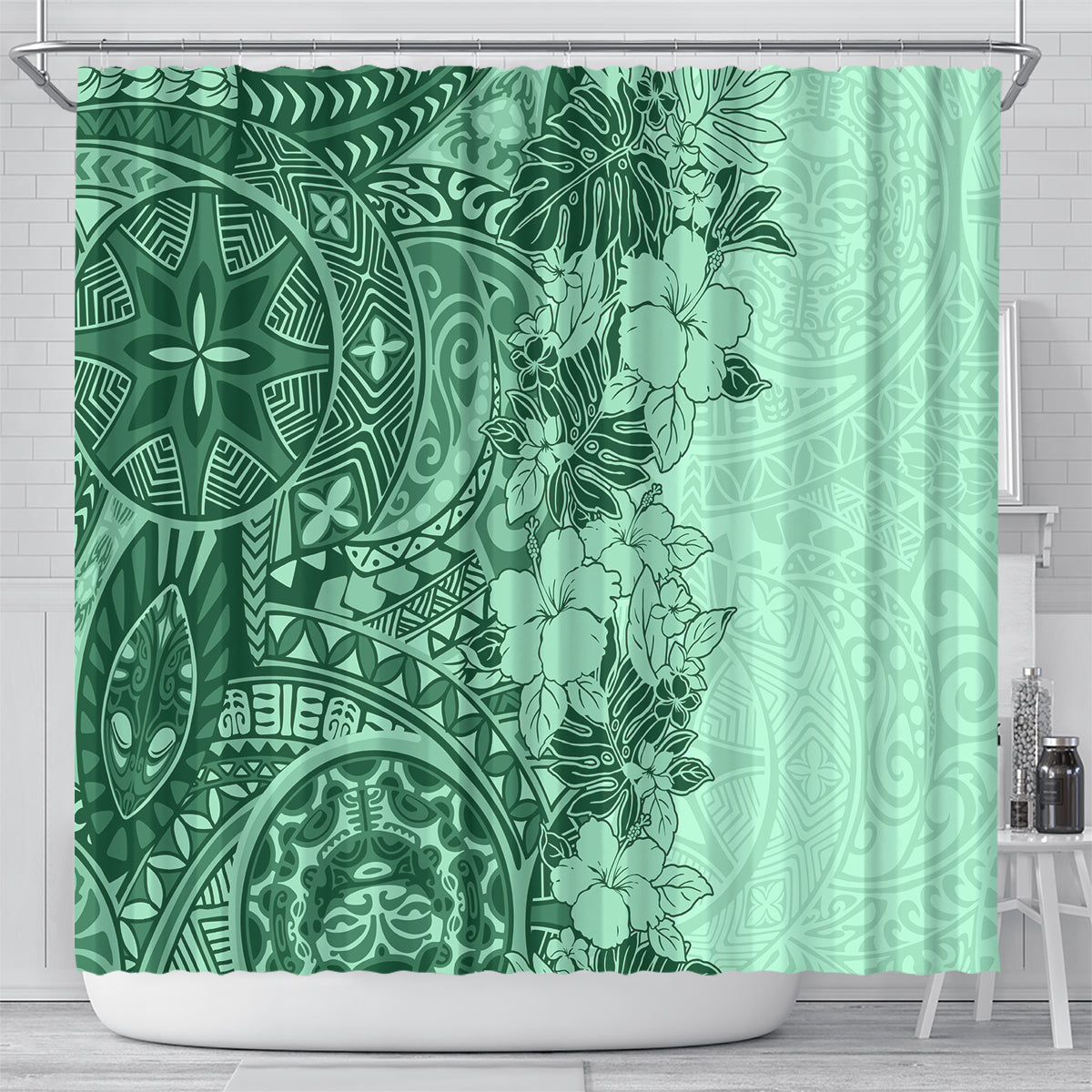 polynesia-shower-curtain-hibiscus-and-hawaiian-tribal-tattoo-retro-style-green-color