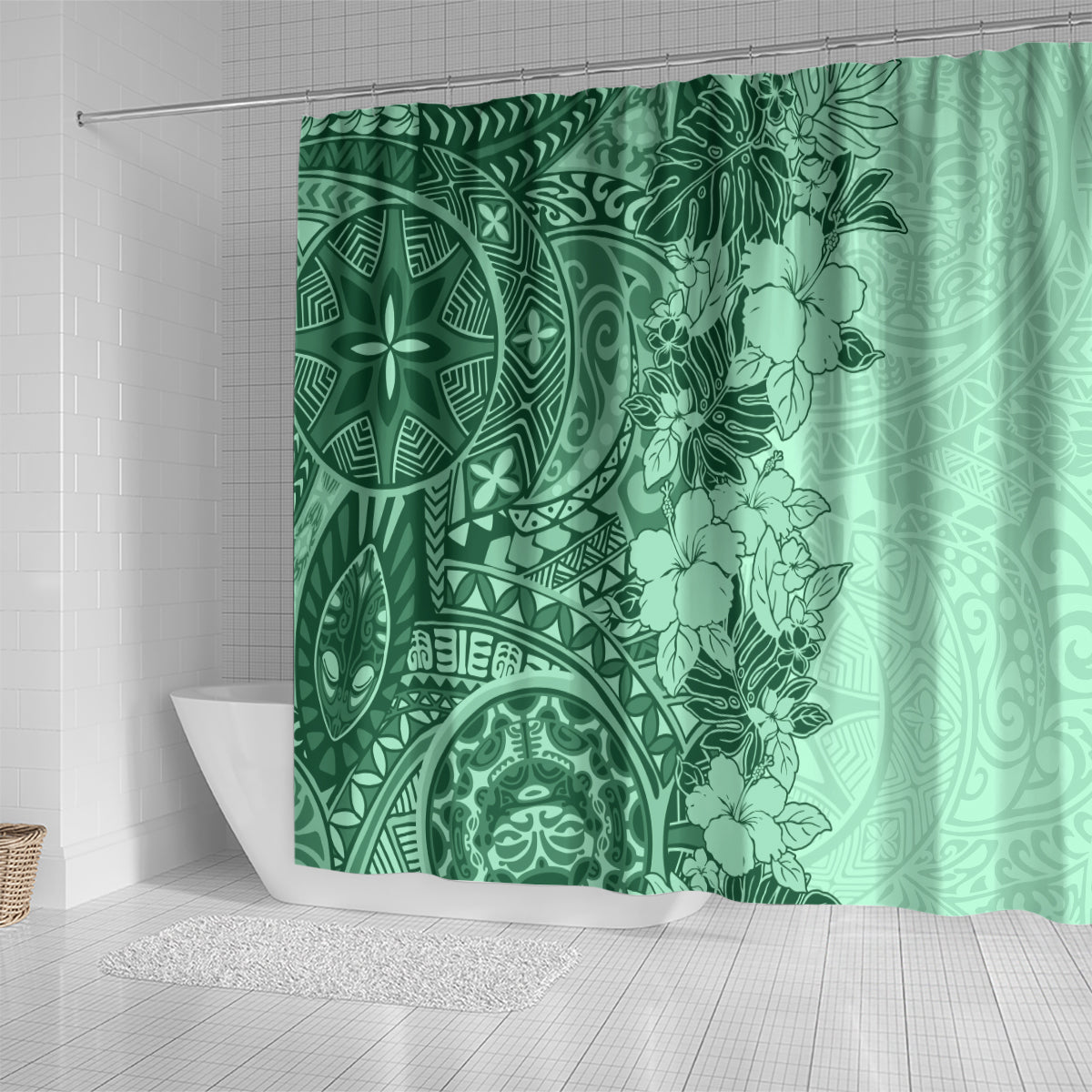 polynesia-shower-curtain-hibiscus-and-hawaiian-tribal-tattoo-retro-style-green-color