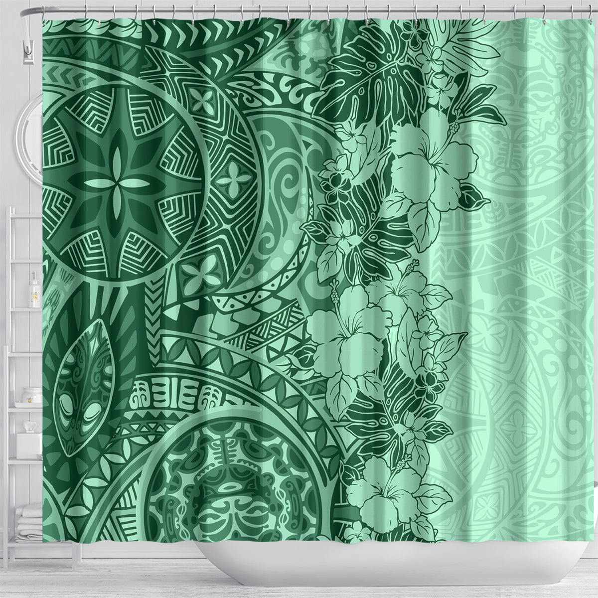 polynesia-shower-curtain-hibiscus-and-hawaiian-tribal-tattoo-retro-style-green-color