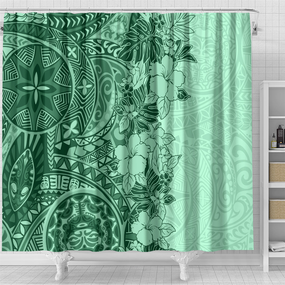 polynesia-shower-curtain-hibiscus-and-hawaiian-tribal-tattoo-retro-style-green-color