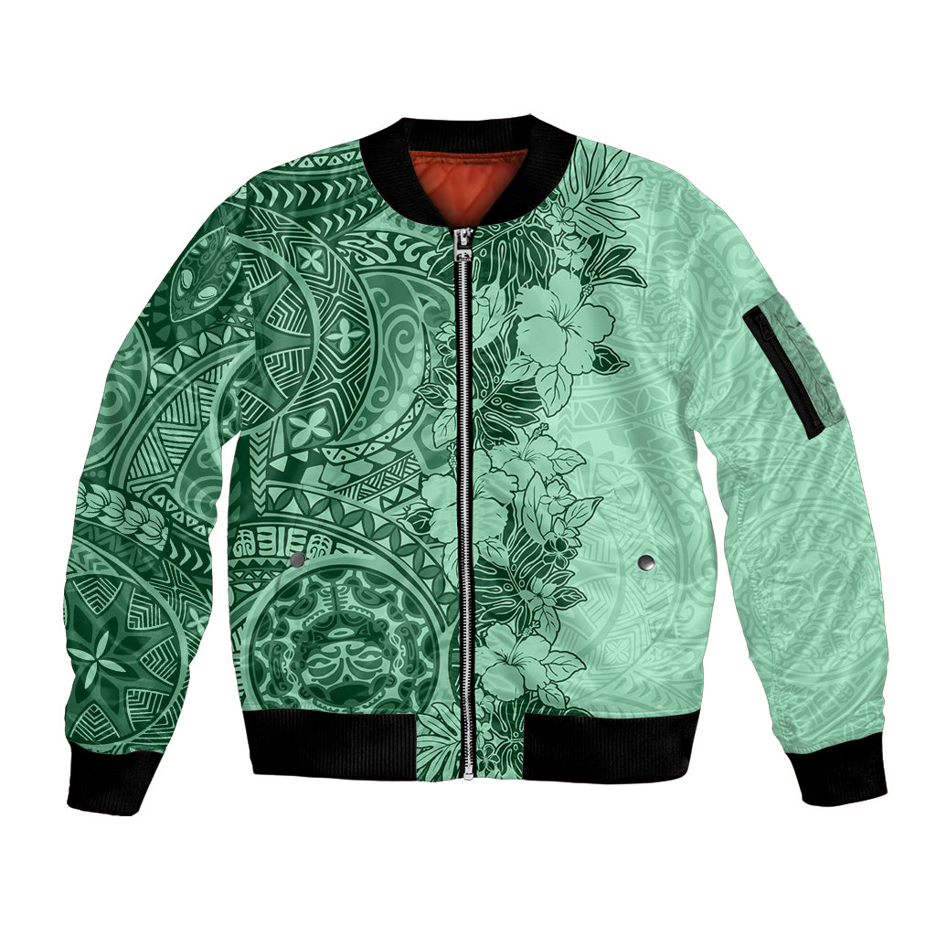 Polynesia Sleeve Zip Bomber Jacket Hibiscus and Hawaiian Tribal Tattoo Retro Style Green Color - Wonder Print Shop