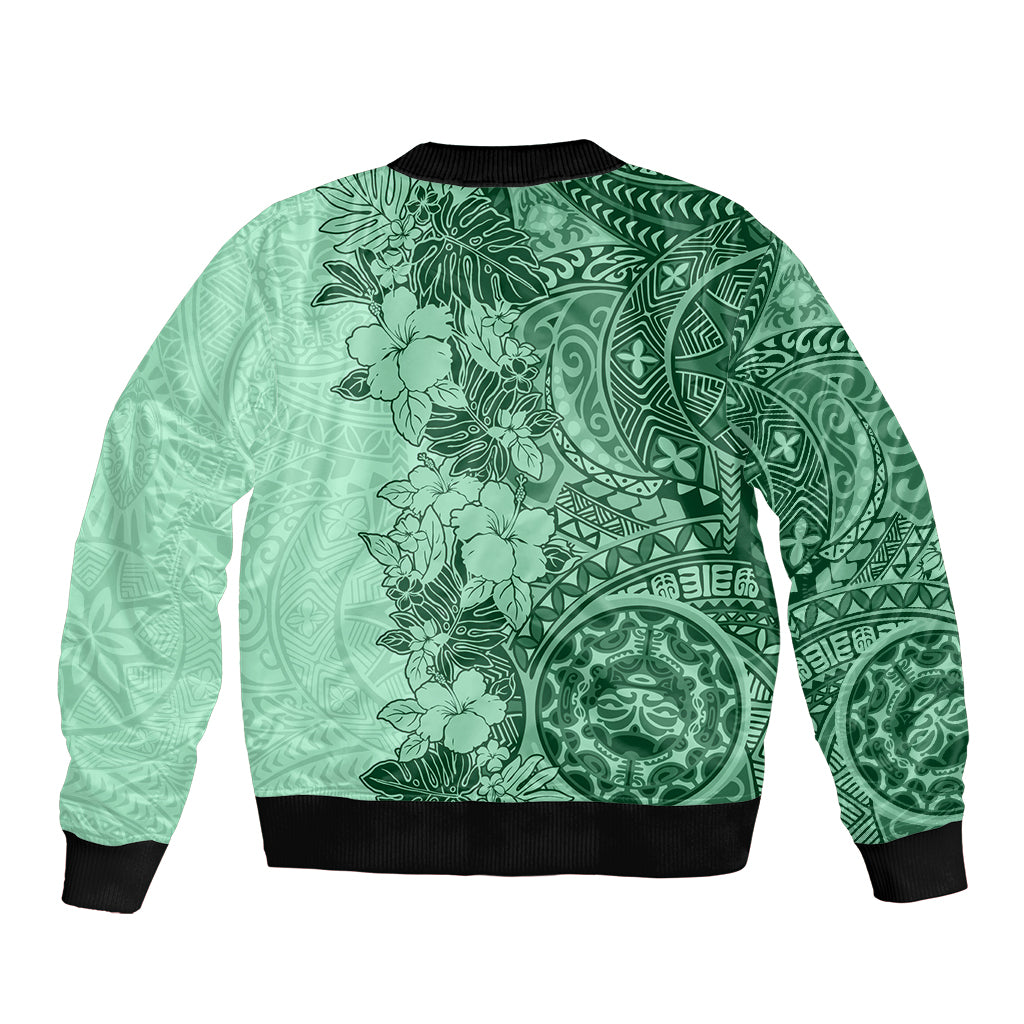 Polynesia Sleeve Zip Bomber Jacket Hibiscus and Hawaiian Tribal Tattoo Retro Style Green Color - Wonder Print Shop
