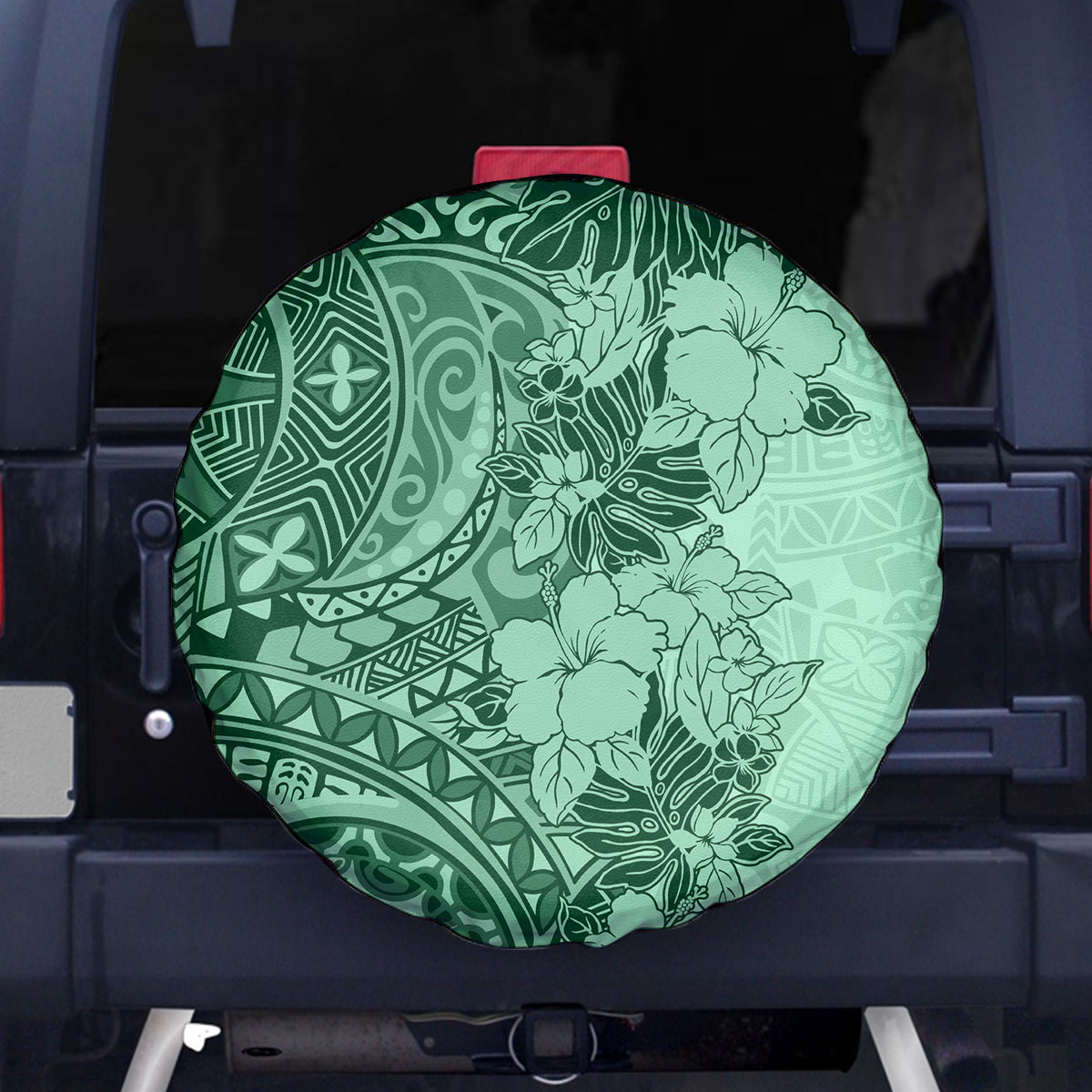 Polynesia Spare Tire Cover Hibiscus and Hawaiian Tribal Tattoo Retro Style Green Color - Wonder Print Shop