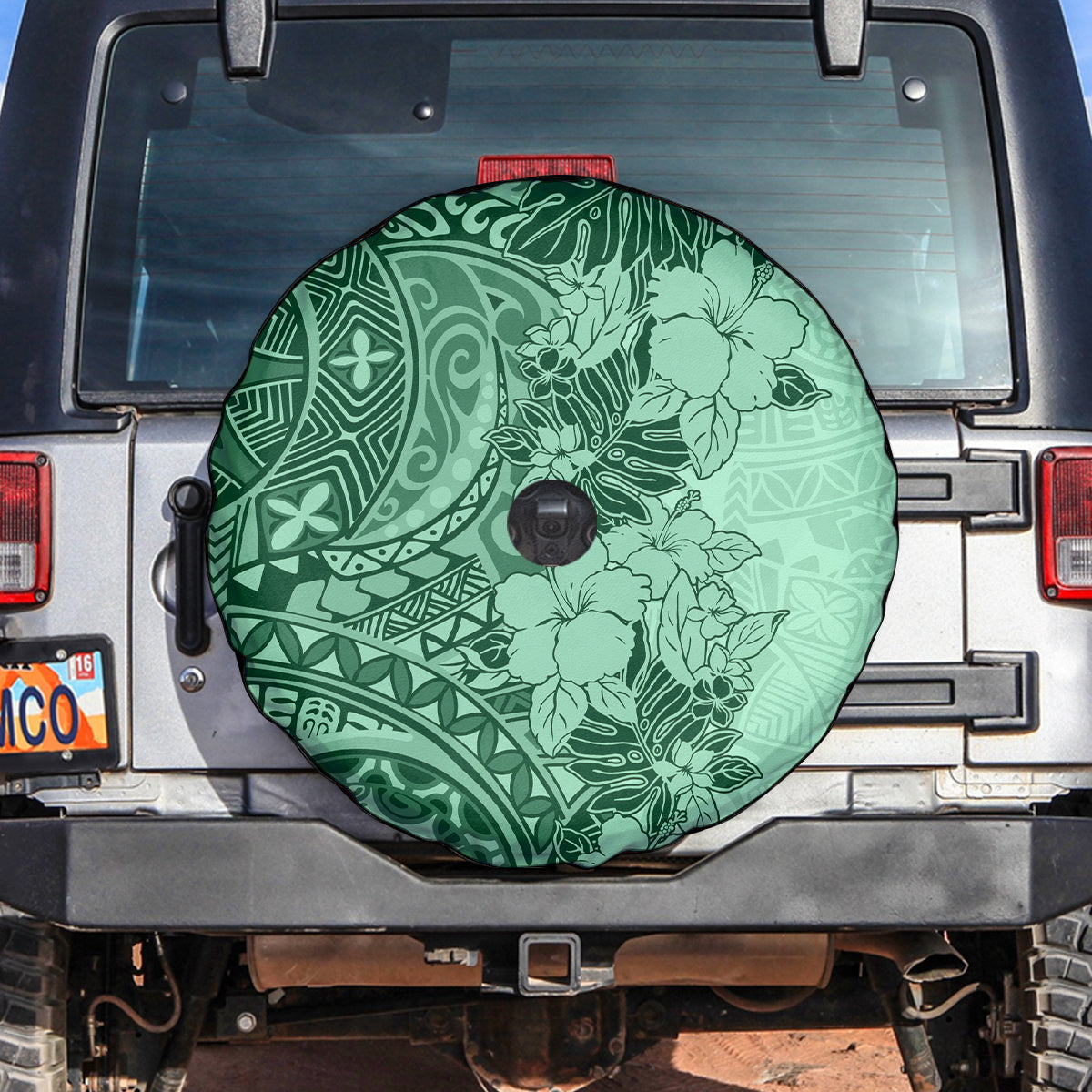 Polynesia Spare Tire Cover Hibiscus and Hawaiian Tribal Tattoo Retro Style Green Color - Wonder Print Shop