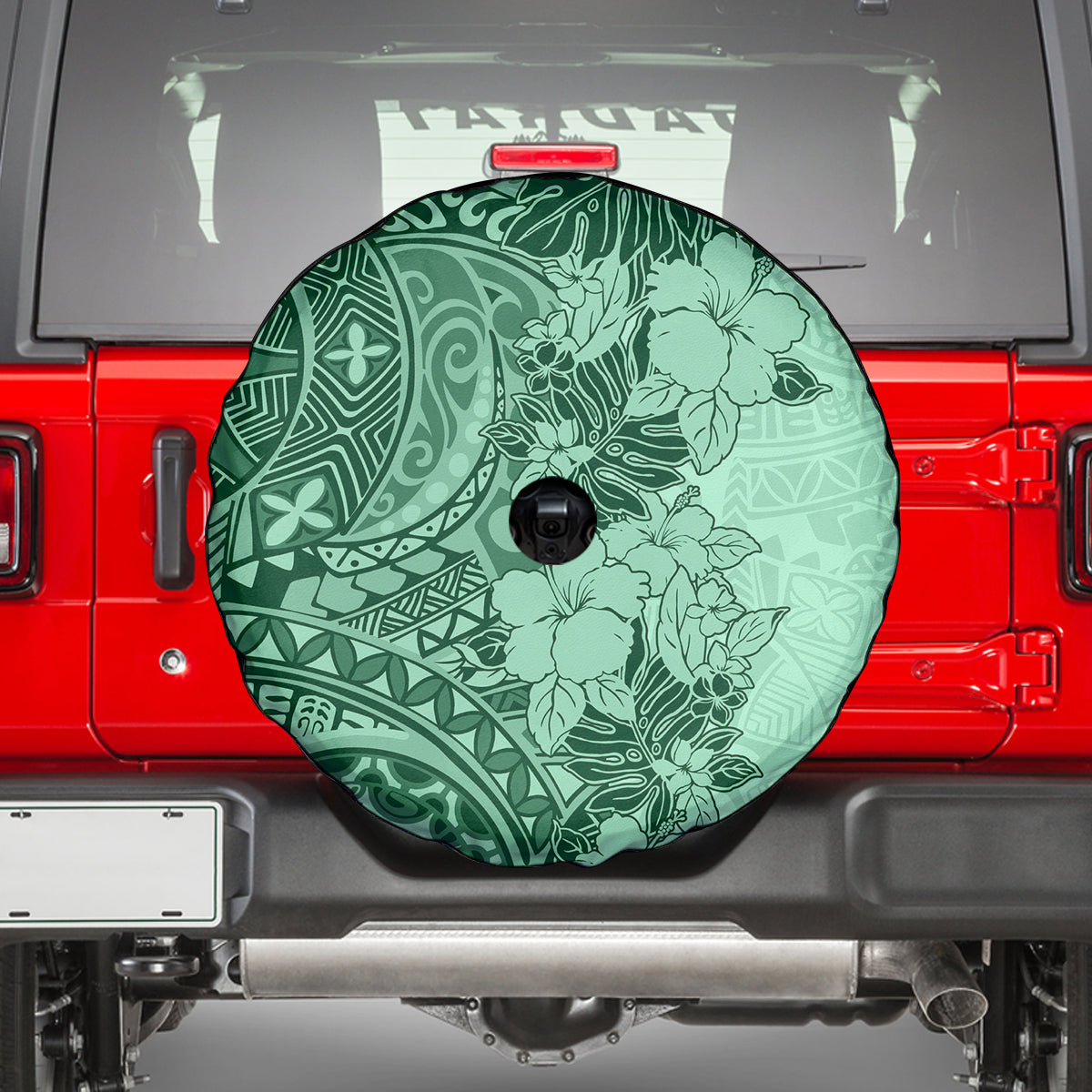 Polynesia Spare Tire Cover Hibiscus and Hawaiian Tribal Tattoo Retro Style Green Color - Wonder Print Shop