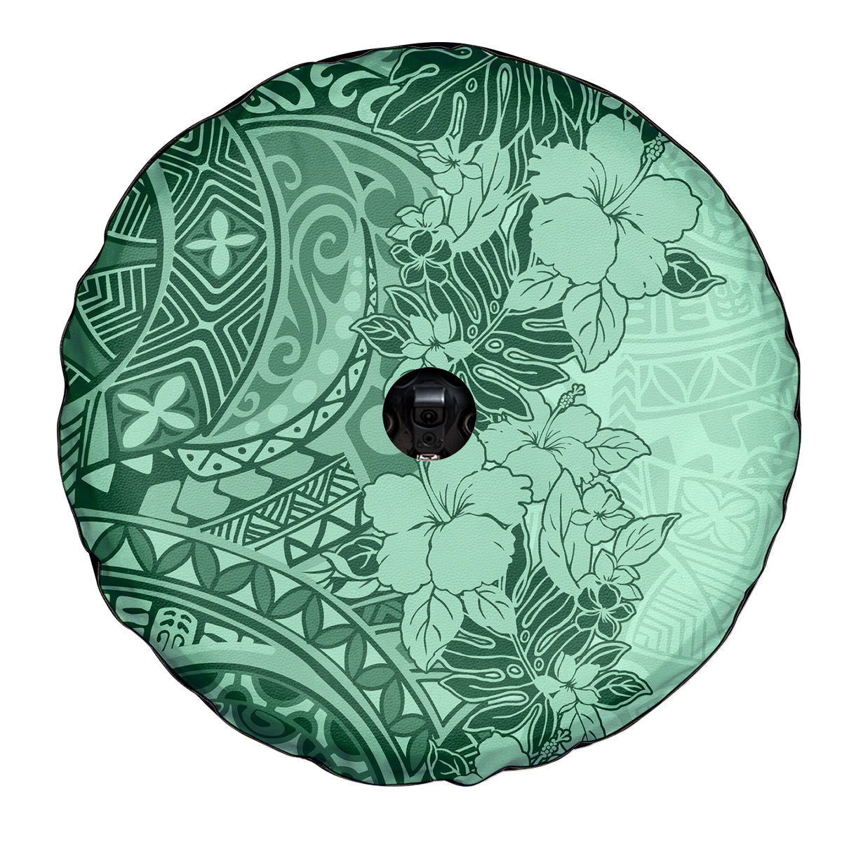 Polynesia Spare Tire Cover Hibiscus and Hawaiian Tribal Tattoo Retro Style Green Color - Wonder Print Shop